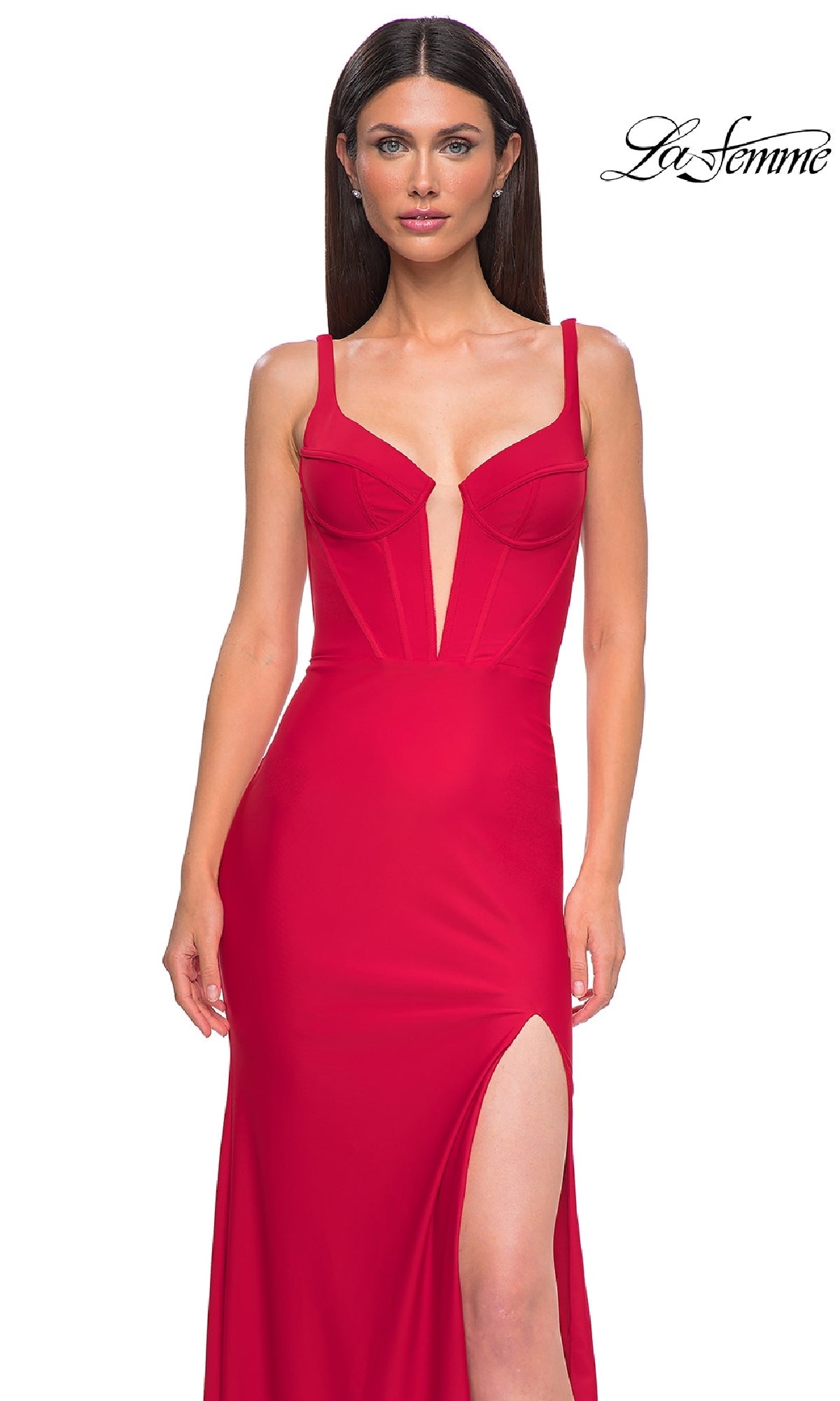 A woman wears the La Femme 32763 plunging v-neck long prom dress in red, featuring a fitted, sleeveless design with a high slit. The La Femme logo appears in the top right corner.